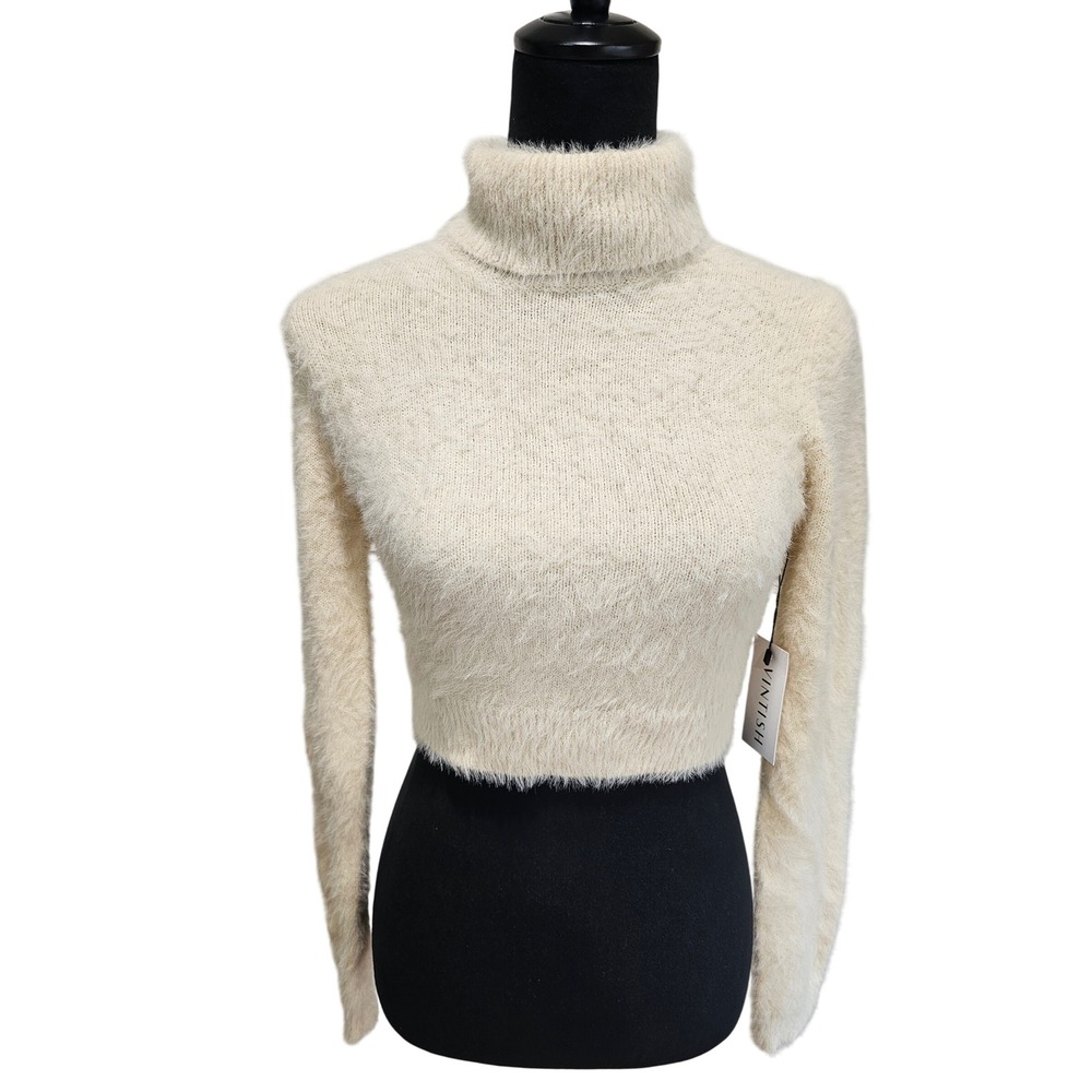 Pretty Garbage Fuzzy Turtleneck Cropped Sweater Womens Small Cream NEW NWT